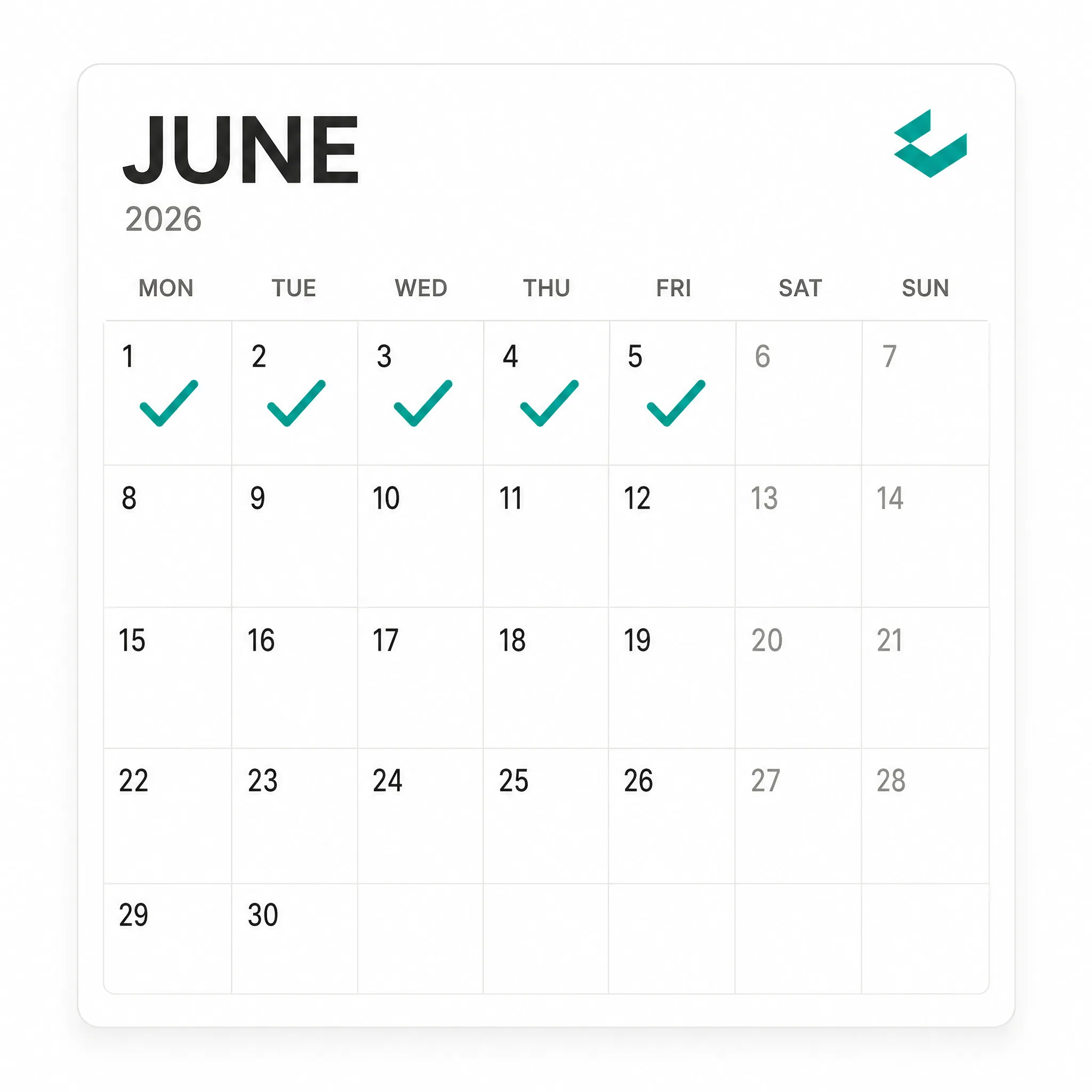 June 2026 calendar with the first business week (June 1 to June 5) checked off in teal and the Ceviche logomark in the corner, showing quarter-close finished in five days.