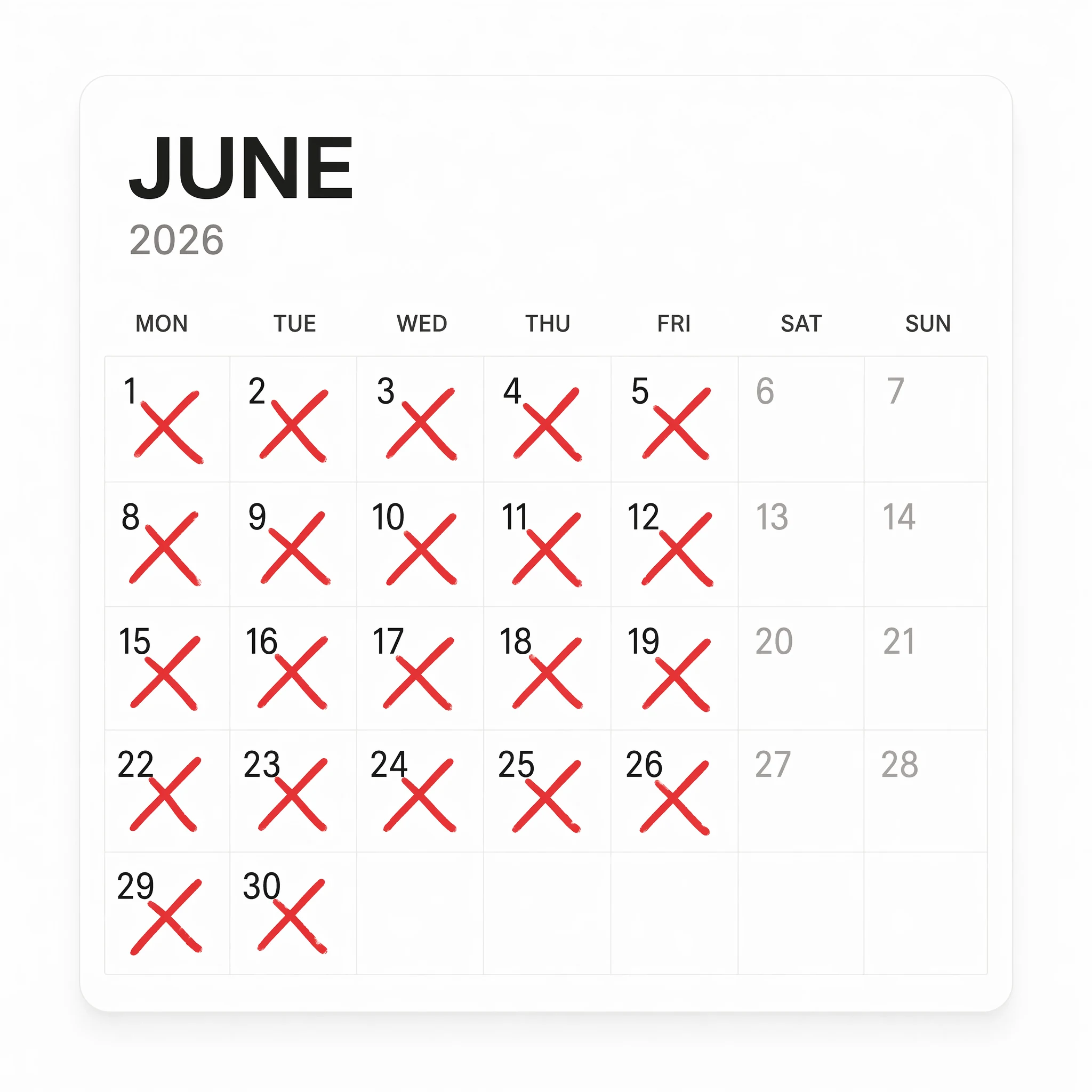 June 2026 calendar with every weekday from June 1 to June 30 crossed out with a red X, showing quarter-close consumed by 20+ manual workdays.