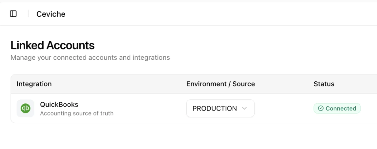 Ceviche Linked Accounts page with QuickBooks, NetSuite, Sage Intacct, Ramp, Brex, Bill.com, Expensify, and SAP Concur all connected in production