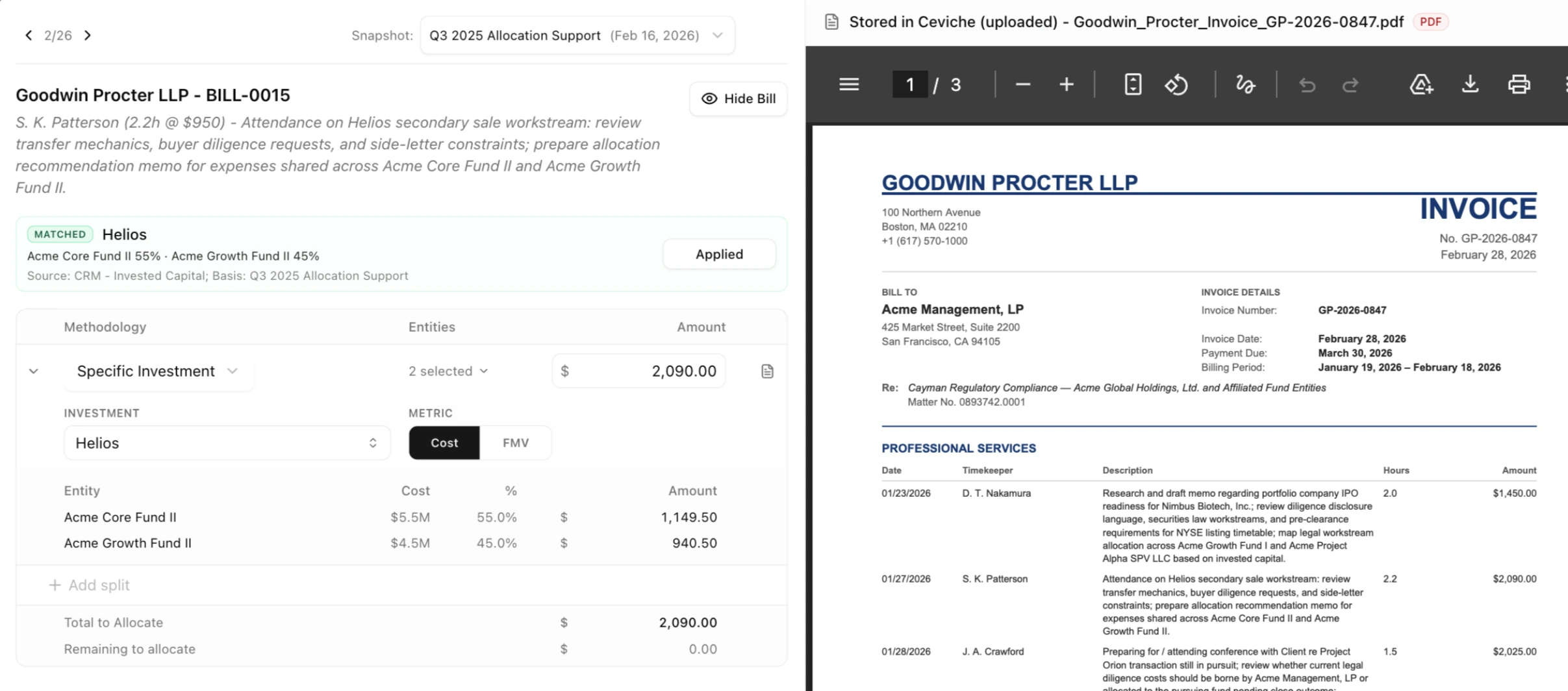 Ceviche allocation workspace: legal invoice line items on the left, live allocation to Fund III-A and III-B on the right with Post to GL action