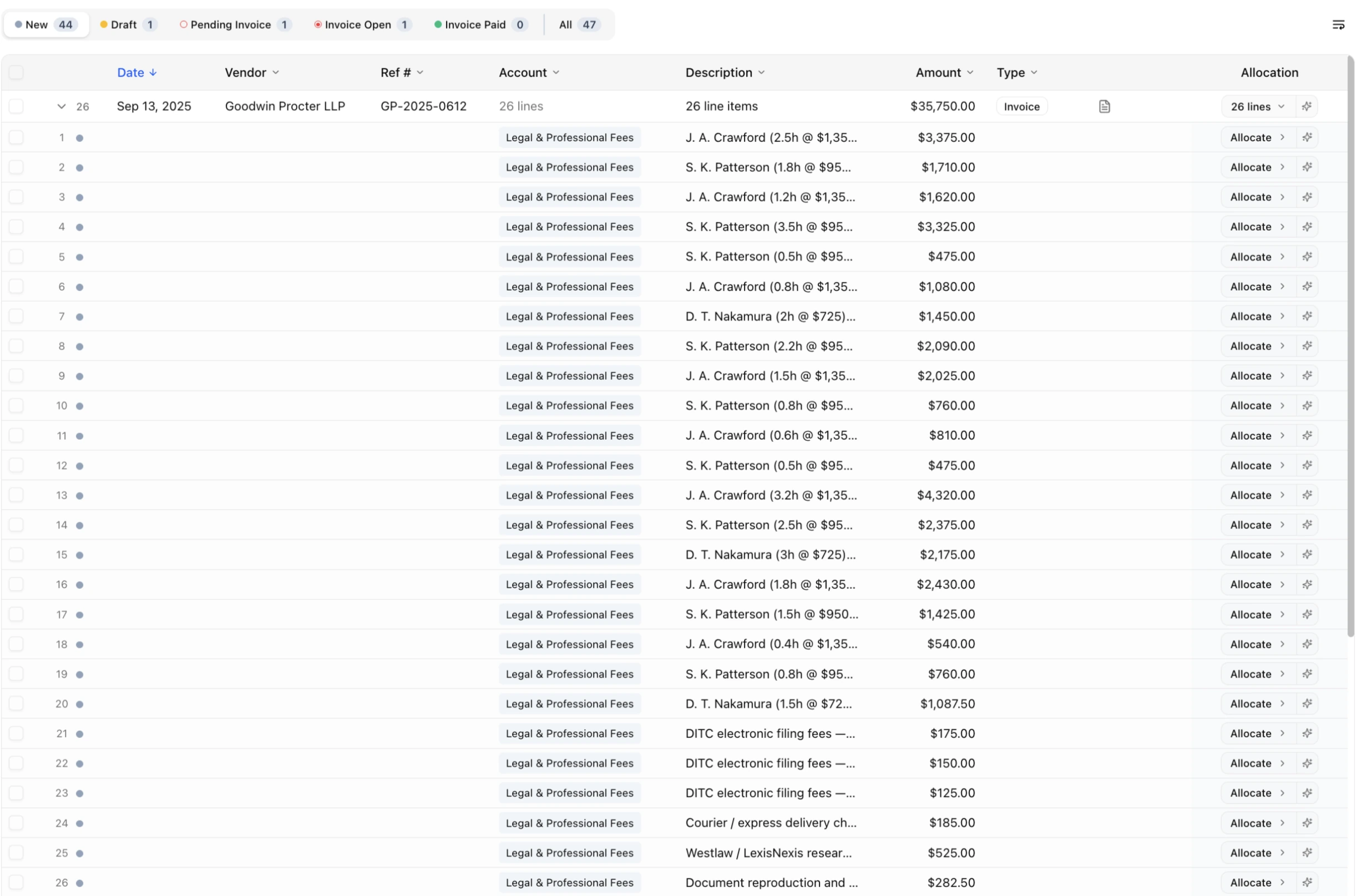 Ceviche invoice detail: a multi-line legal invoice with per-line Allocate actions and running totals