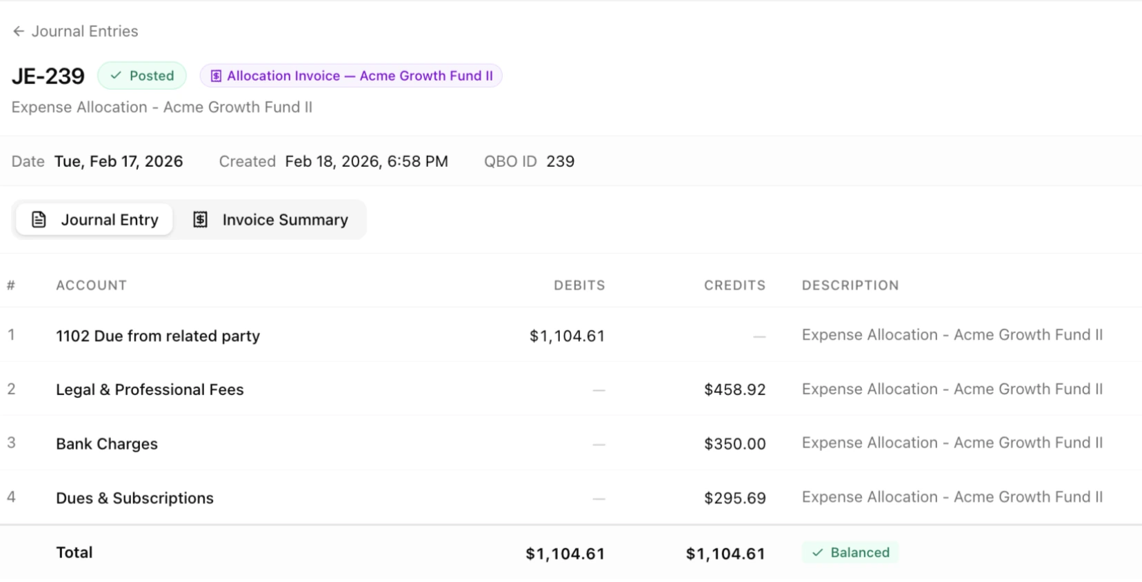 Ceviche posted journal entry with balanced debits and credits, ready for the GL